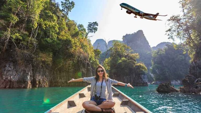 “Traveler enjoying a boat ride through tropical waters with an airplane flying overhead promoting discount code ttweakairline”