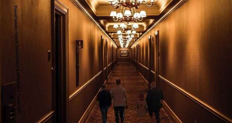 “TravelTweaks Hotels guide – family walking through a warmly lit hotel corridor symbolizing smart, safe, and comfortable hotel stays.”