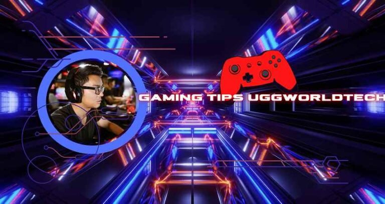 Gaming tips uggworldtech neon banner featuring pro gamer with headset and red controller in futuristic gaming setup